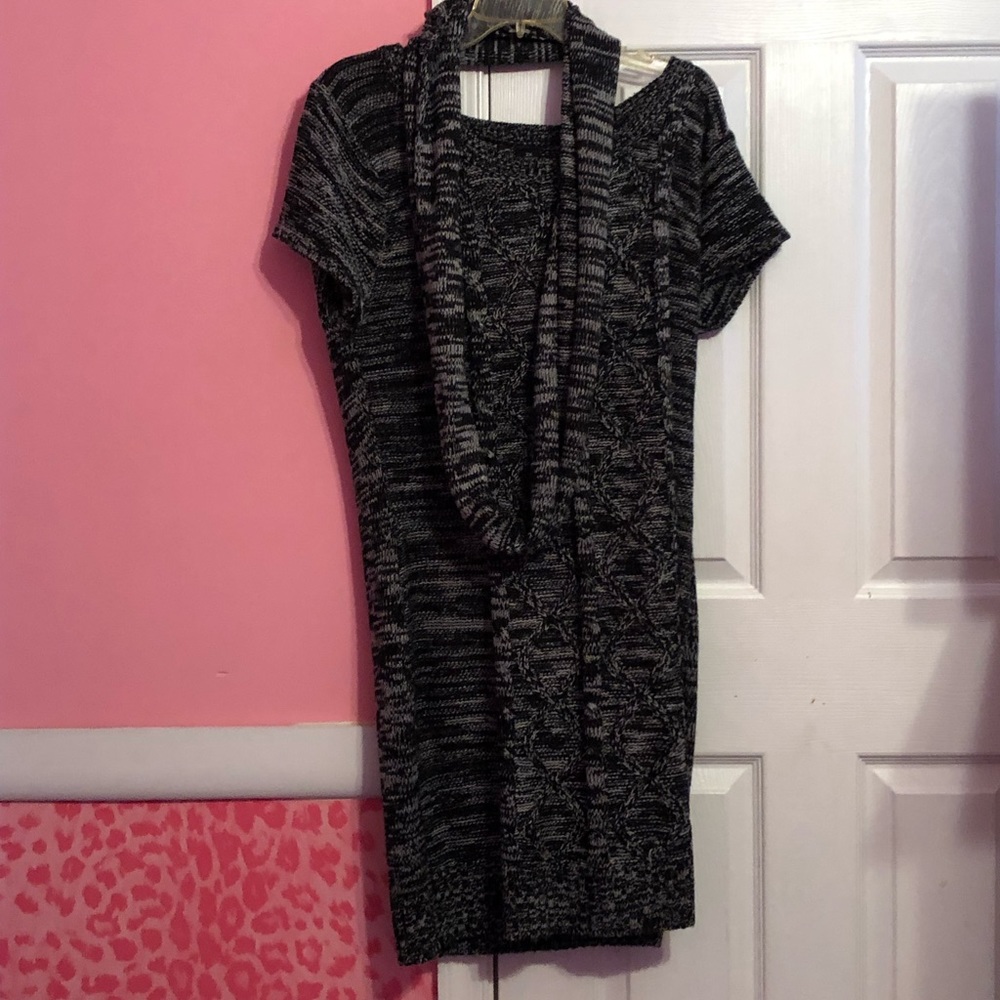 Stylish black and silver dress with a scarf